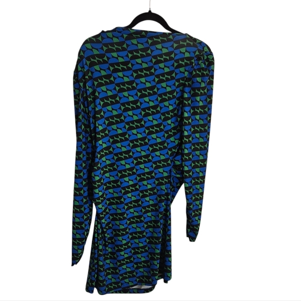 Zara Long Sleeve Geometric Mock Neck Mini Bodycon Dress Blue/Green/Black Large - Picture 3 of 7